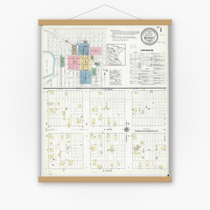Old map wall art mockup — magnetic wood frame on white wall — Sanborn Fire Insurance Map from Detroit Lakes, Becker County, Minnesota (1914) - Complete Map Set
