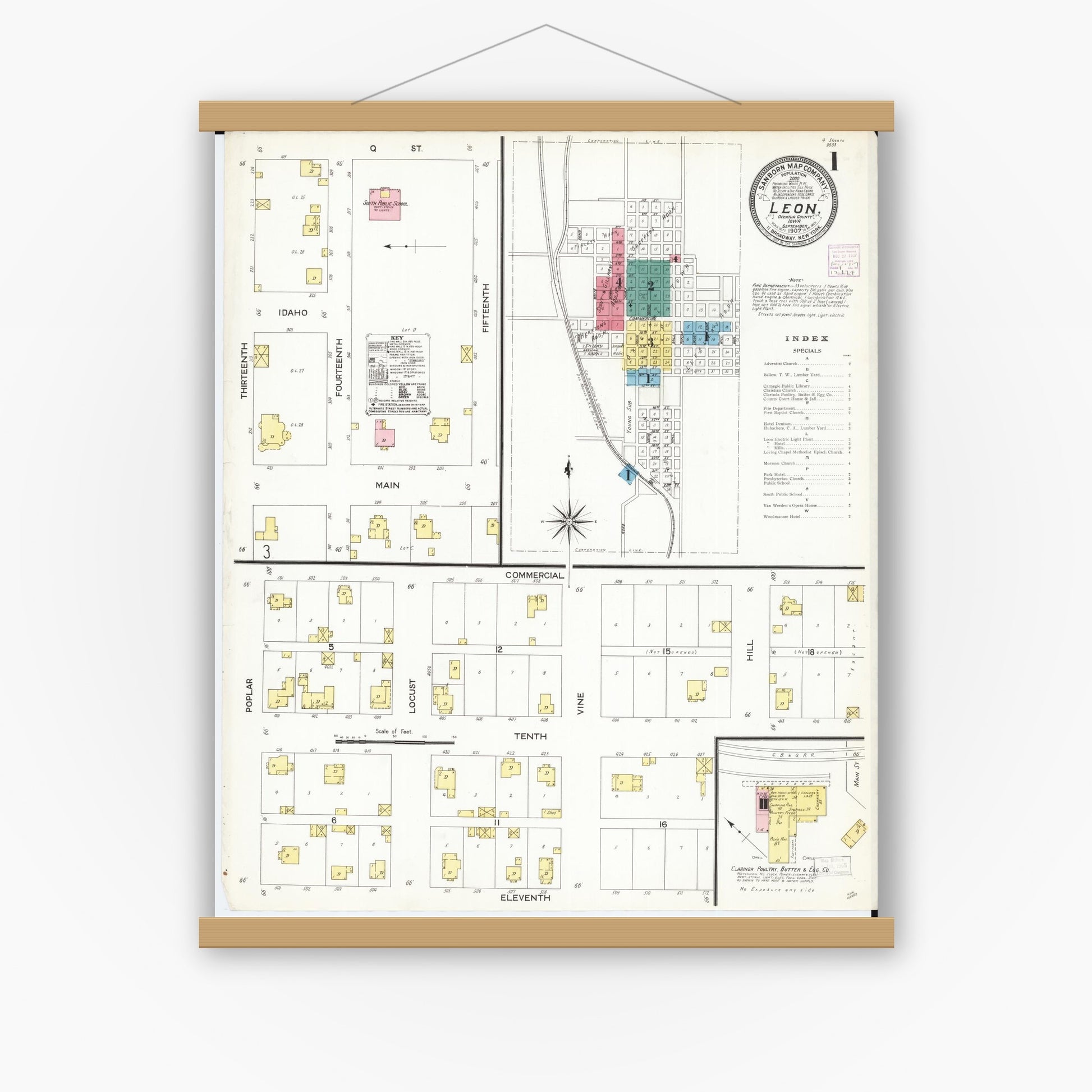Old map wall art mockup — magnetic wood frame on white wall — Sanborn Fire Insurance Map from Leon, Decatur County, Iowa (1907) â€” Complete Set