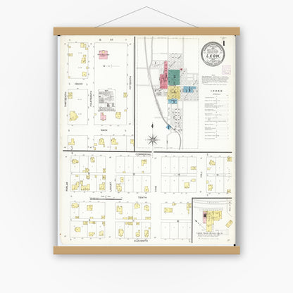 Old map wall art mockup — magnetic wood frame on white wall — Sanborn Fire Insurance Map from Leon, Decatur County, Iowa (1907) â€” Complete Set