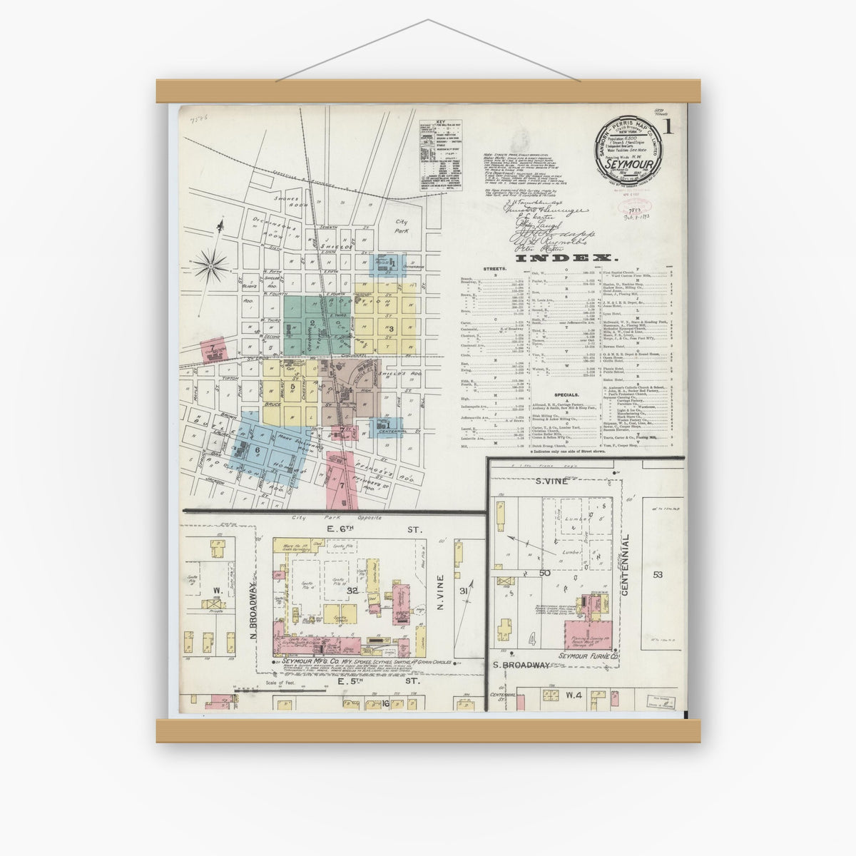 Old map wall art mockup — magnetic wood frame on white wall — Sanborn Fire Insurance Map from Seymour, Jackson County, Indiana (1892), Sheet #0001