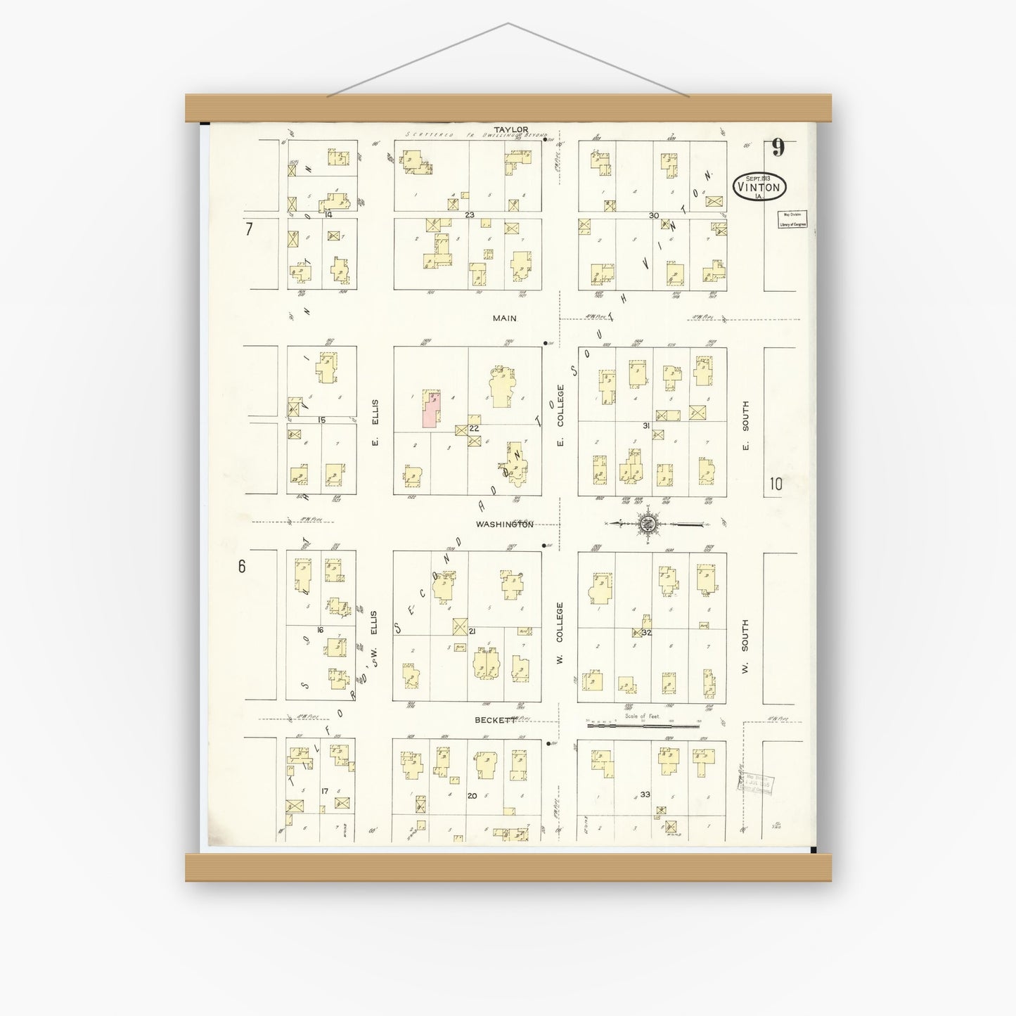 Old map wall art mockup — magnetic wood frame on white wall — Sanborn Fire Insurance Map from Vinton, Benton County, Iowa (1913), Sheet #0009