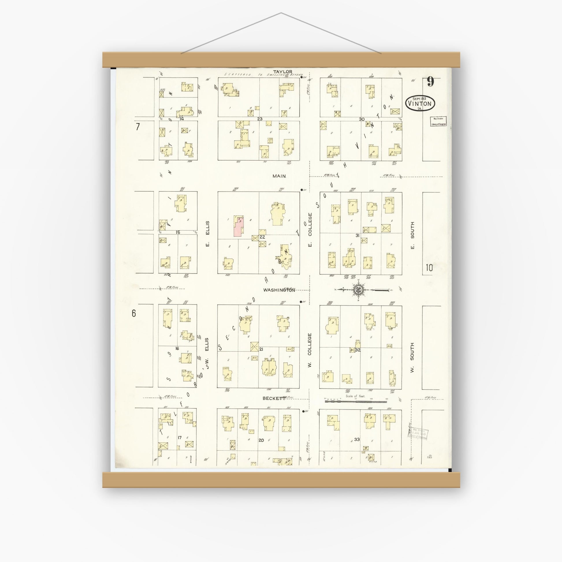 Old map wall art mockup — magnetic wood frame on white wall — Sanborn Fire Insurance Map from Vinton, Benton County, Iowa (1913), Sheet #0009