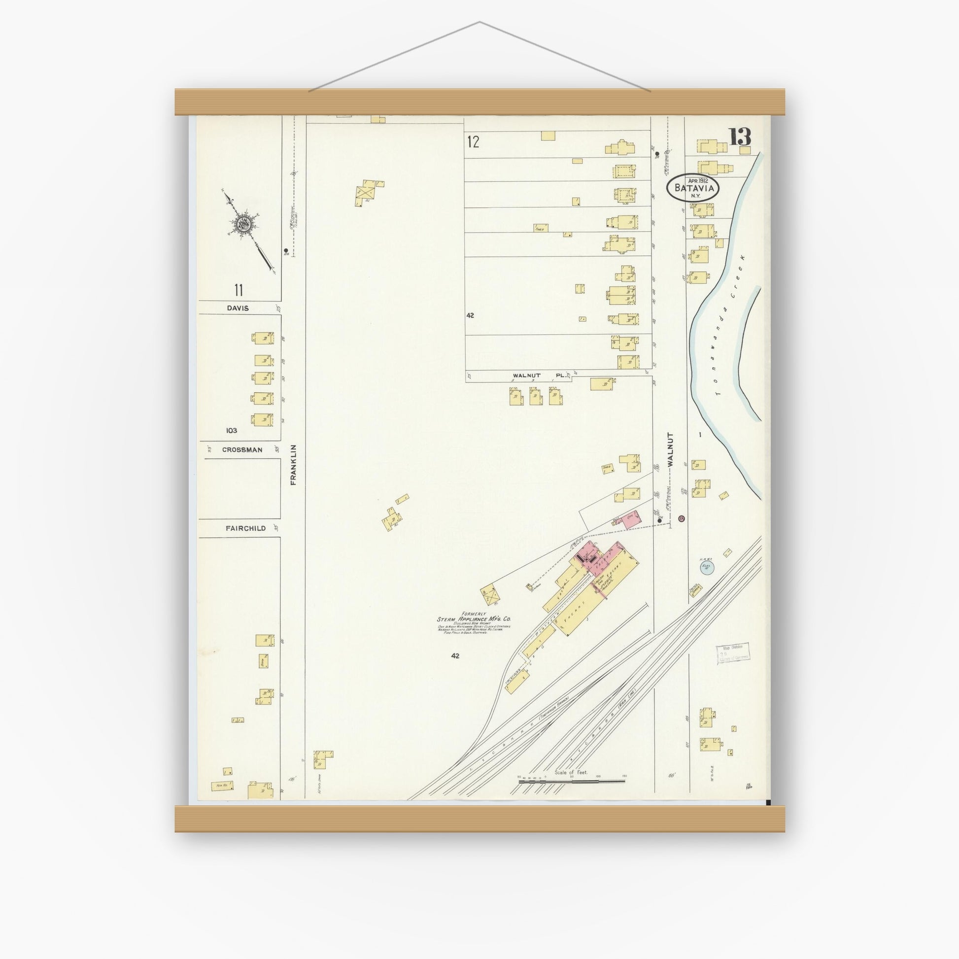 Old map wall art mockup — magnetic wood frame on white wall — Sanborn Fire Insurance Map from Batavia, Genesee County, New York (1912), Sheet #0013