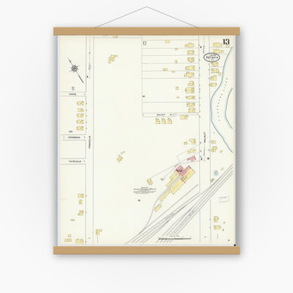 Old map wall art mockup — magnetic wood frame on white wall — Sanborn Fire Insurance Map from Batavia, Genesee County, New York (1912), Sheet #0013
