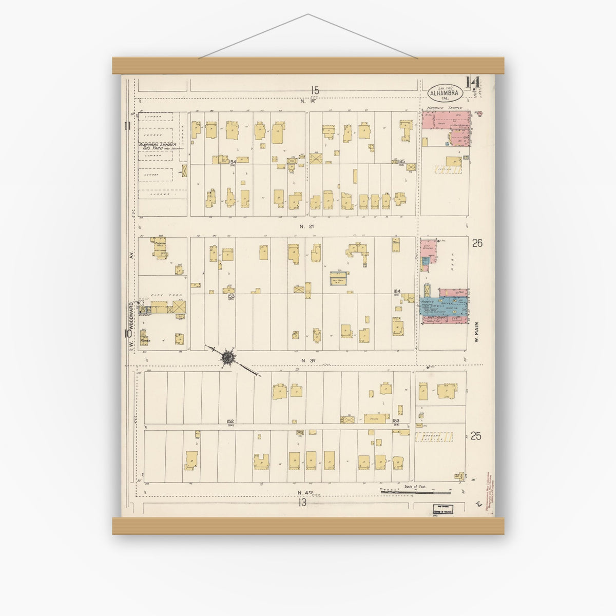 Old map wall art mockup — magnetic wood frame on white wall — Sanborn Fire Insurance Map from Alhambra, Los Angeles County, California (1912), Sheet #0014