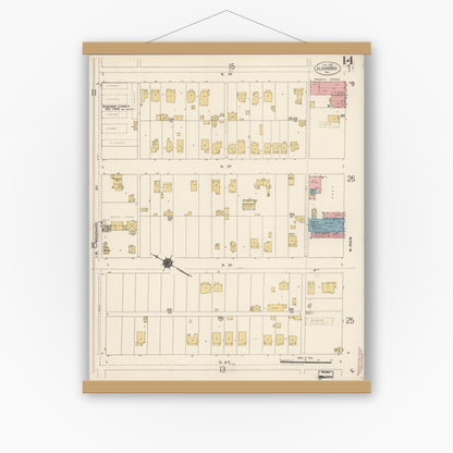 Old map wall art mockup — magnetic wood frame on white wall — Sanborn Fire Insurance Map from Alhambra, Los Angeles County, California (1912), Sheet #0014