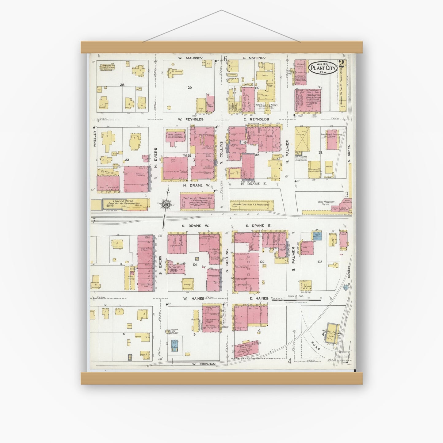 Old map wall art mockup — magnetic wood frame on white wall — Sanborn Fire Insurance Map from Plant City, Hillborough County, Florida (1919), Sheet #0002