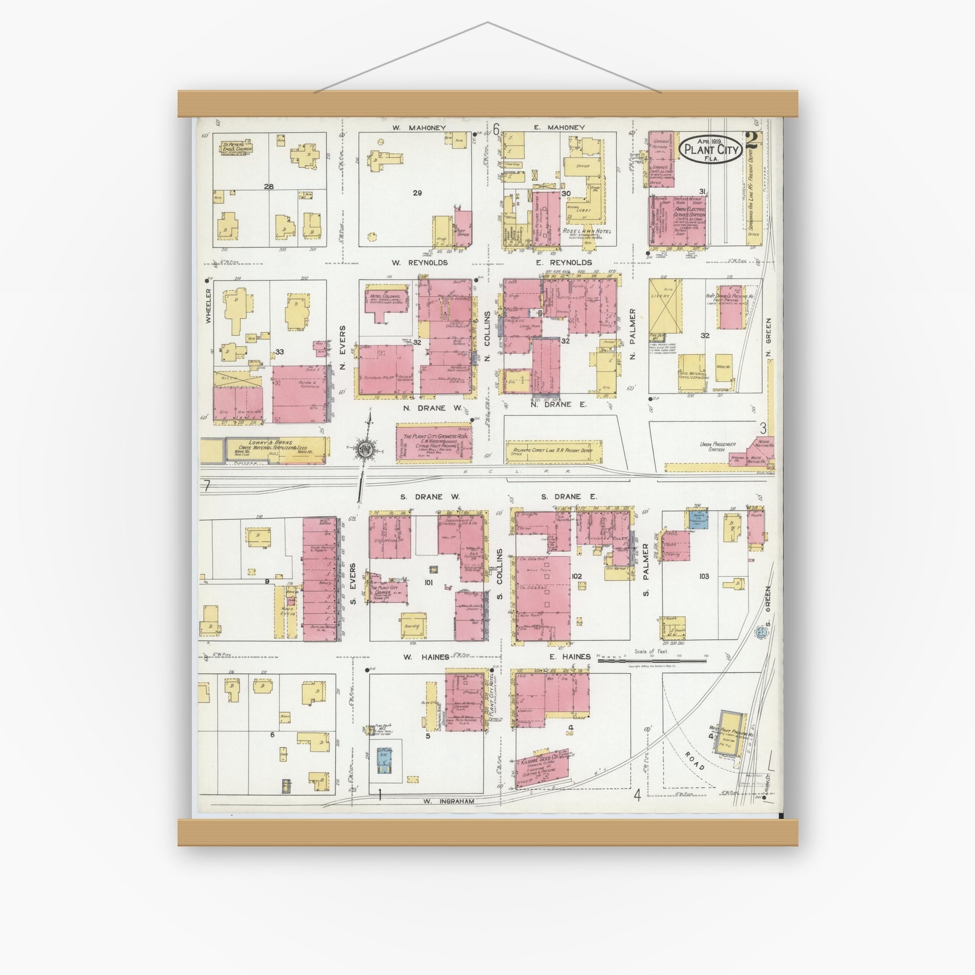 Old map wall art mockup — magnetic wood frame on white wall — Sanborn Fire Insurance Map from Plant City, Hillborough County, Florida (1919), Sheet #0002