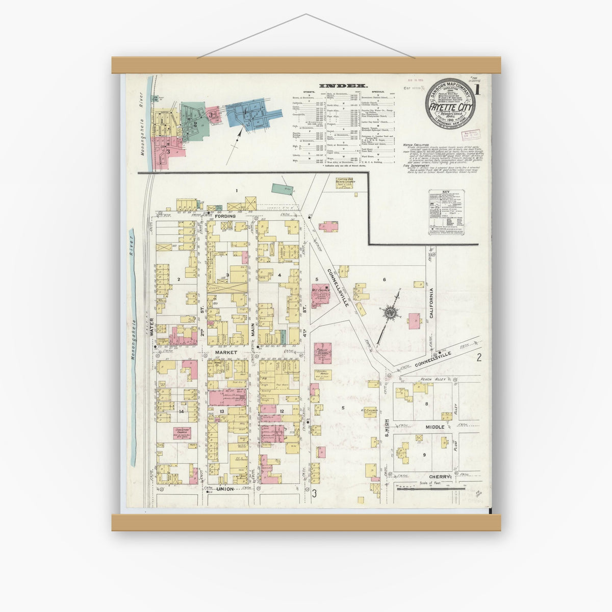 Old map wall art mockup — magnetic wood frame on white wall — Sanborn Fire Insurance Map from Fayette City, Fayette County, Pennsylvania (1910), Sheet #0001
