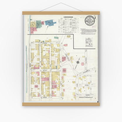 Old map wall art mockup — magnetic wood frame on white wall — Sanborn Fire Insurance Map from Fayette City, Fayette County, Pennsylvania (1910), Sheet #0001