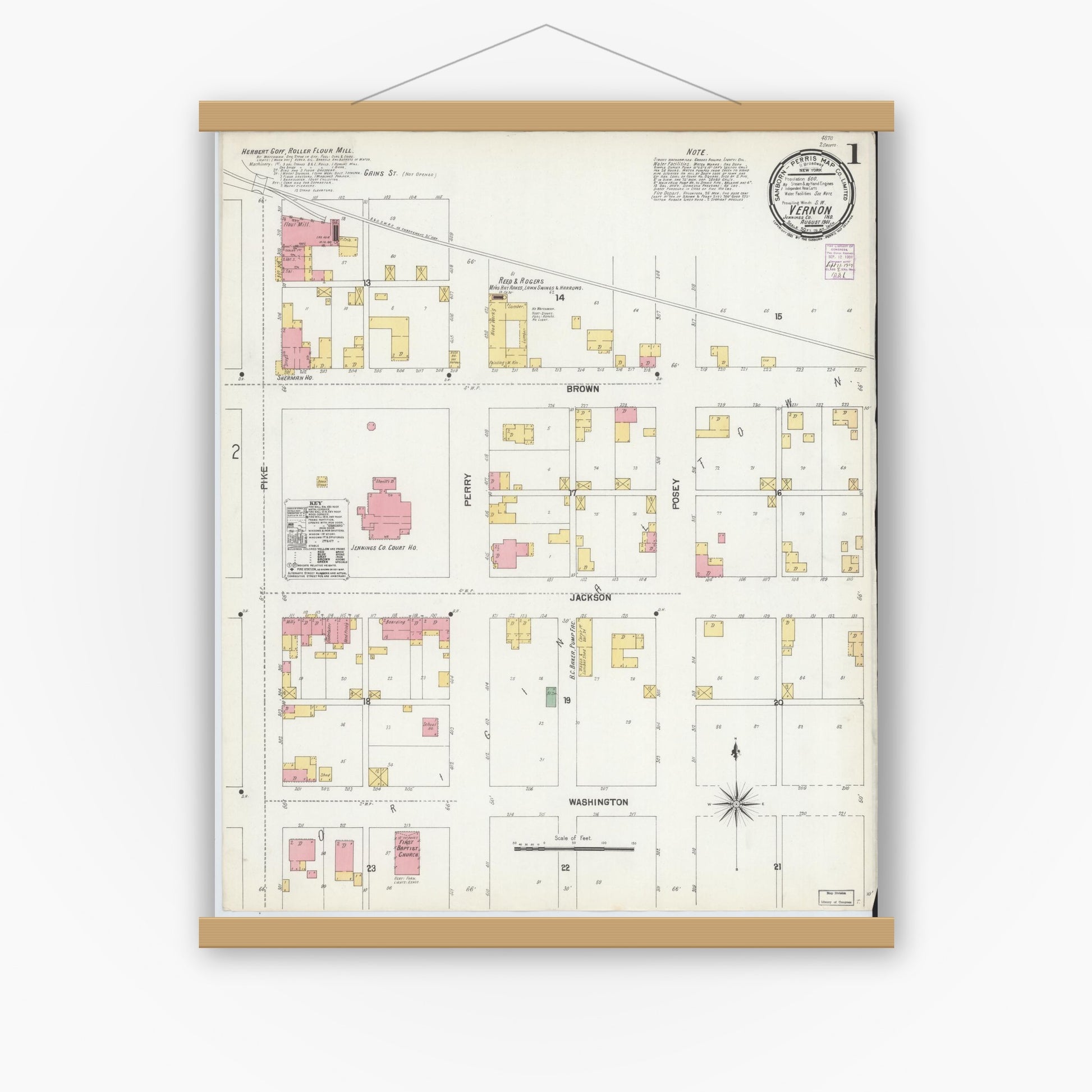 Old map wall art mockup — magnetic wood frame on white wall — Sanborn Fire Insurance Map from Vernon, Jennings County, Indiana (1901) - Complete Map Set