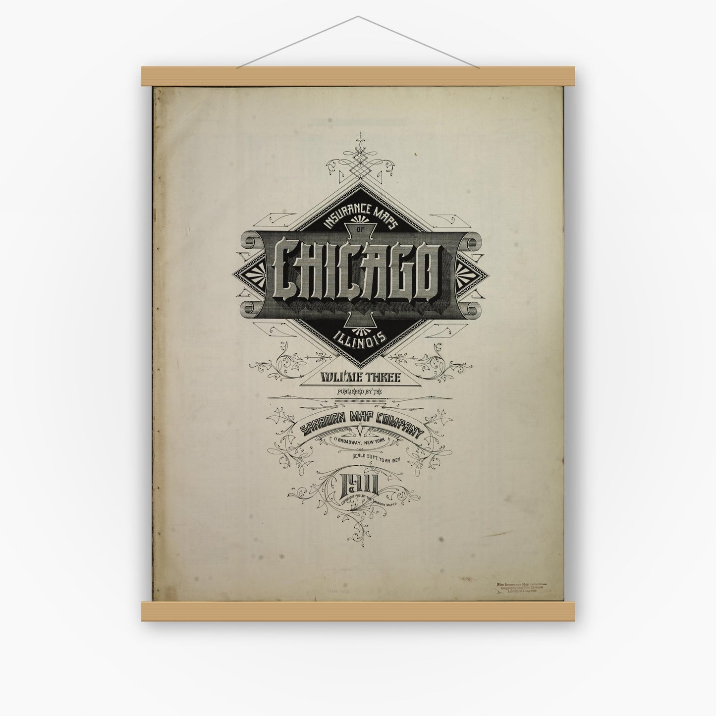Old map wall art mockup — magnetic wood frame on white wall — Sanborn Fire Insurance Map from Chicago, Cook County, Illinois (1911), Sheet #0001