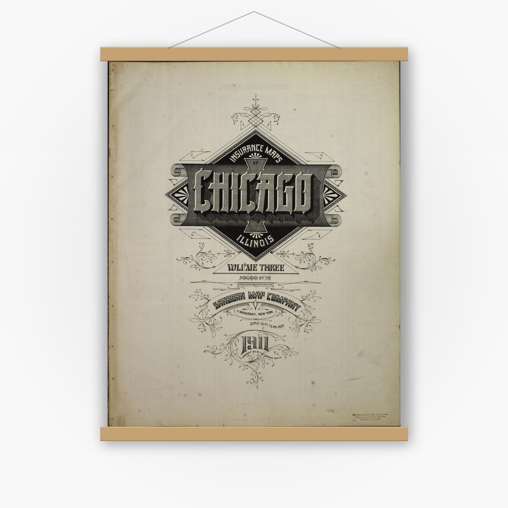Old map wall art mockup — magnetic wood frame on white wall — Sanborn Fire Insurance Map from Chicago, Cook County, Illinois (1911), Sheet #0001