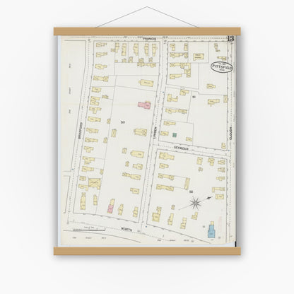 Old map wall art mockup — magnetic wood frame on white wall — Sanborn Fire Insurance Map from Pittsfield, Berkshire County, Massachusetts (1889), Sheet #0013