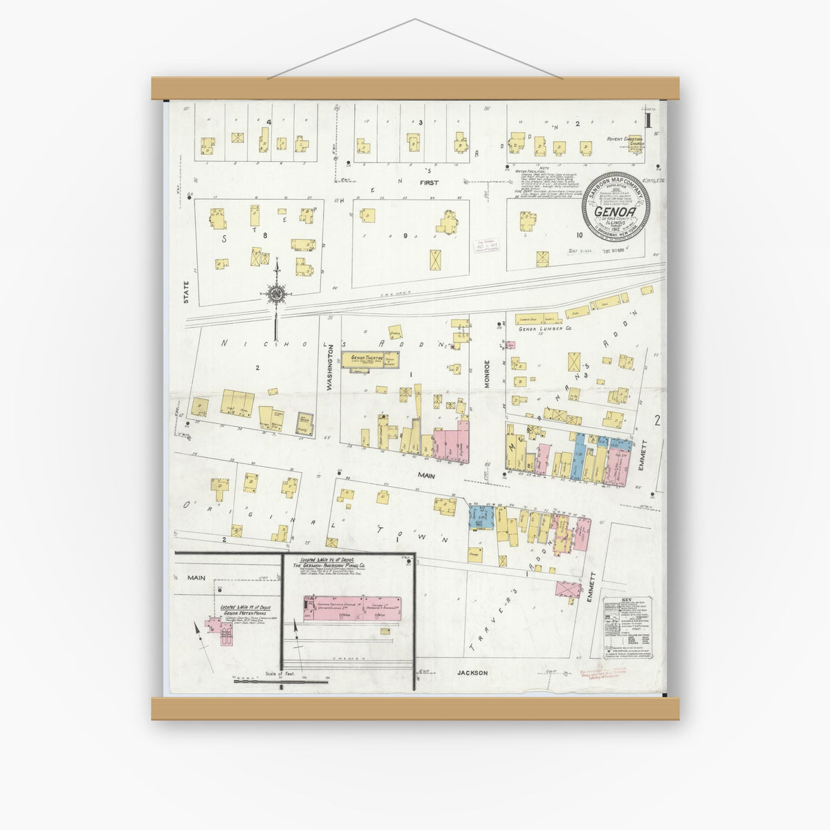 Old map wall art mockup — magnetic wood frame on white wall — Sanborn Fire Insurance Map from Genoa, De Kalb County, Illinois (1912) - Complete Map Set