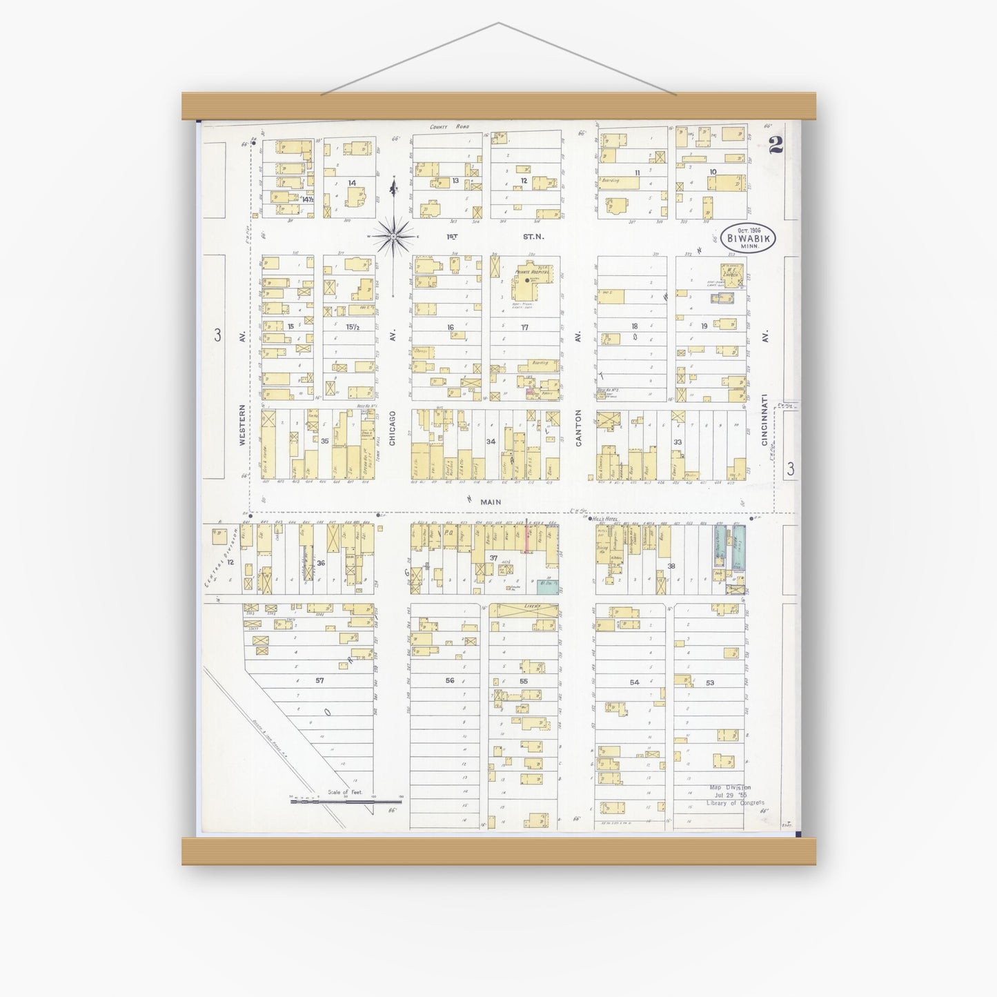 Old map wall art mockup — magnetic wood frame on white wall — Sanborn Fire Insurance Map from Biwabik, Saint Louis County, Minnesota (1906), Sheet #0002