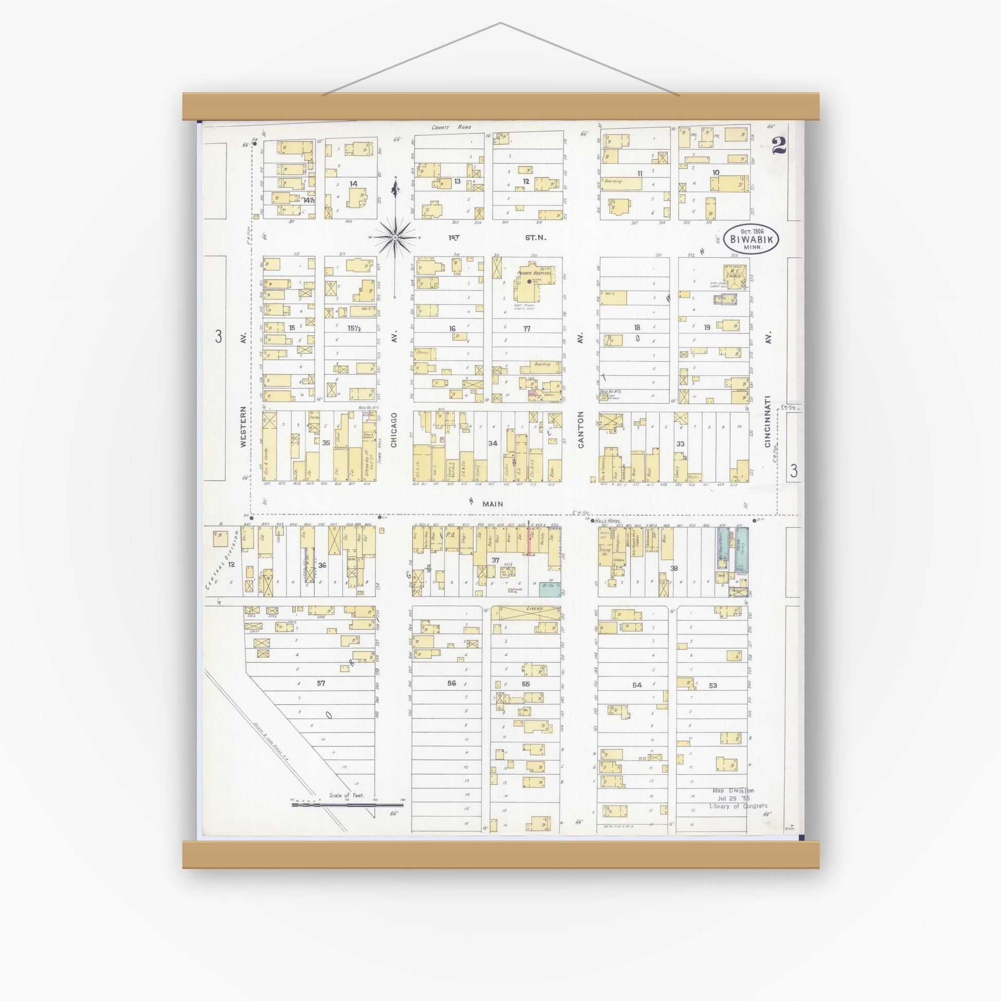 Old map wall art mockup — magnetic wood frame on white wall — Sanborn Fire Insurance Map from Biwabik, Saint Louis County, Minnesota (1906), Sheet #0002
