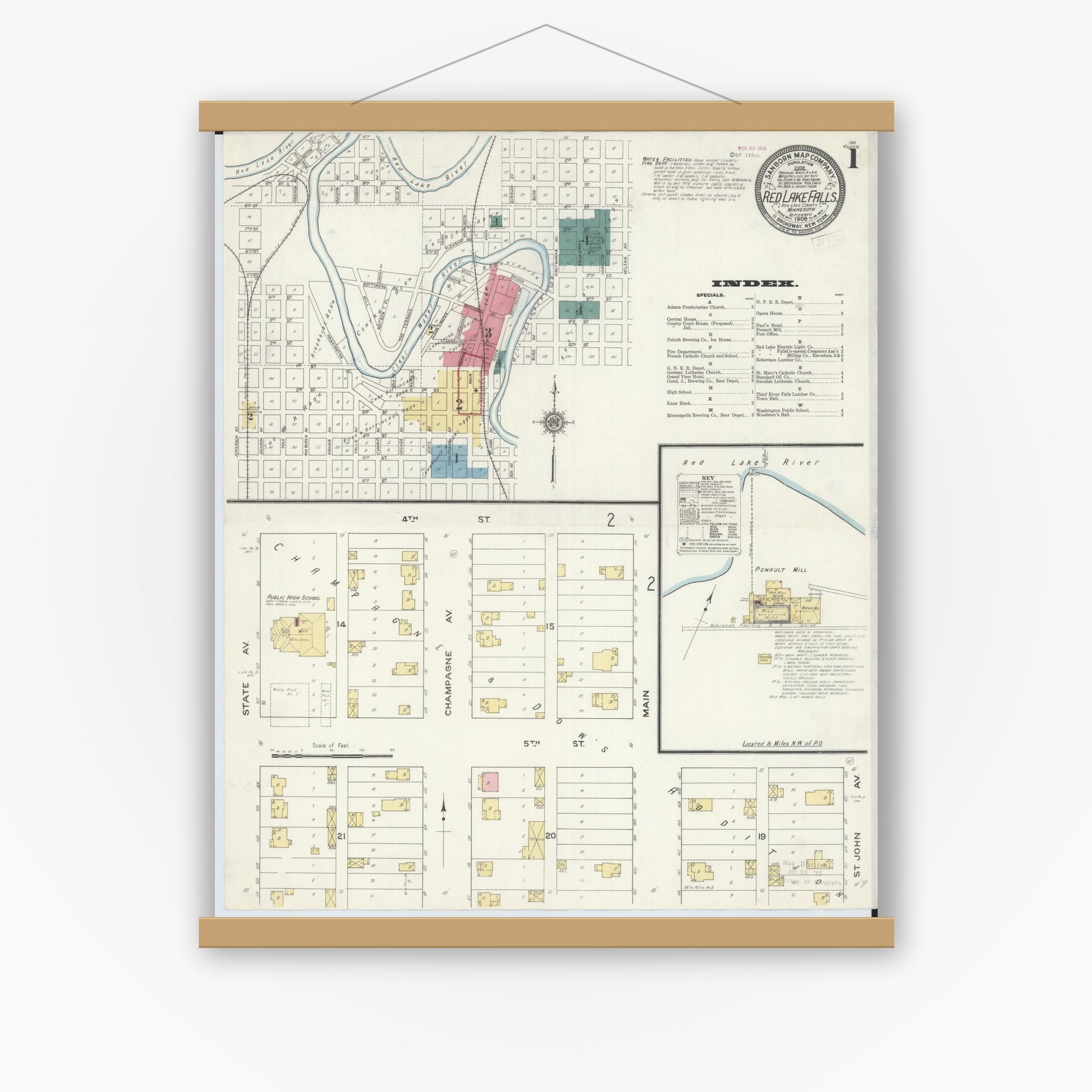 Old map wall art mockup — magnetic wood frame on white wall — Sanborn Fire Insurance Map from Red Lake Falls, Red Lake County, Minnesota (1909) - Complete Map Set