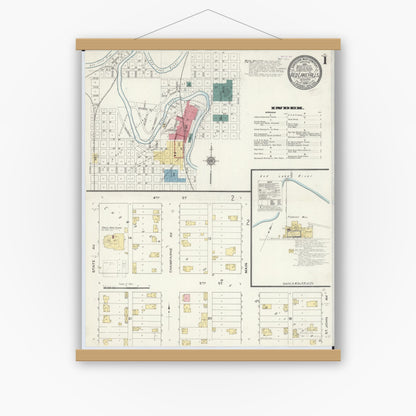 Old map wall art mockup — magnetic wood frame on white wall — Sanborn Fire Insurance Map from Red Lake Falls, Red Lake County, Minnesota (1909) - Complete Map Set