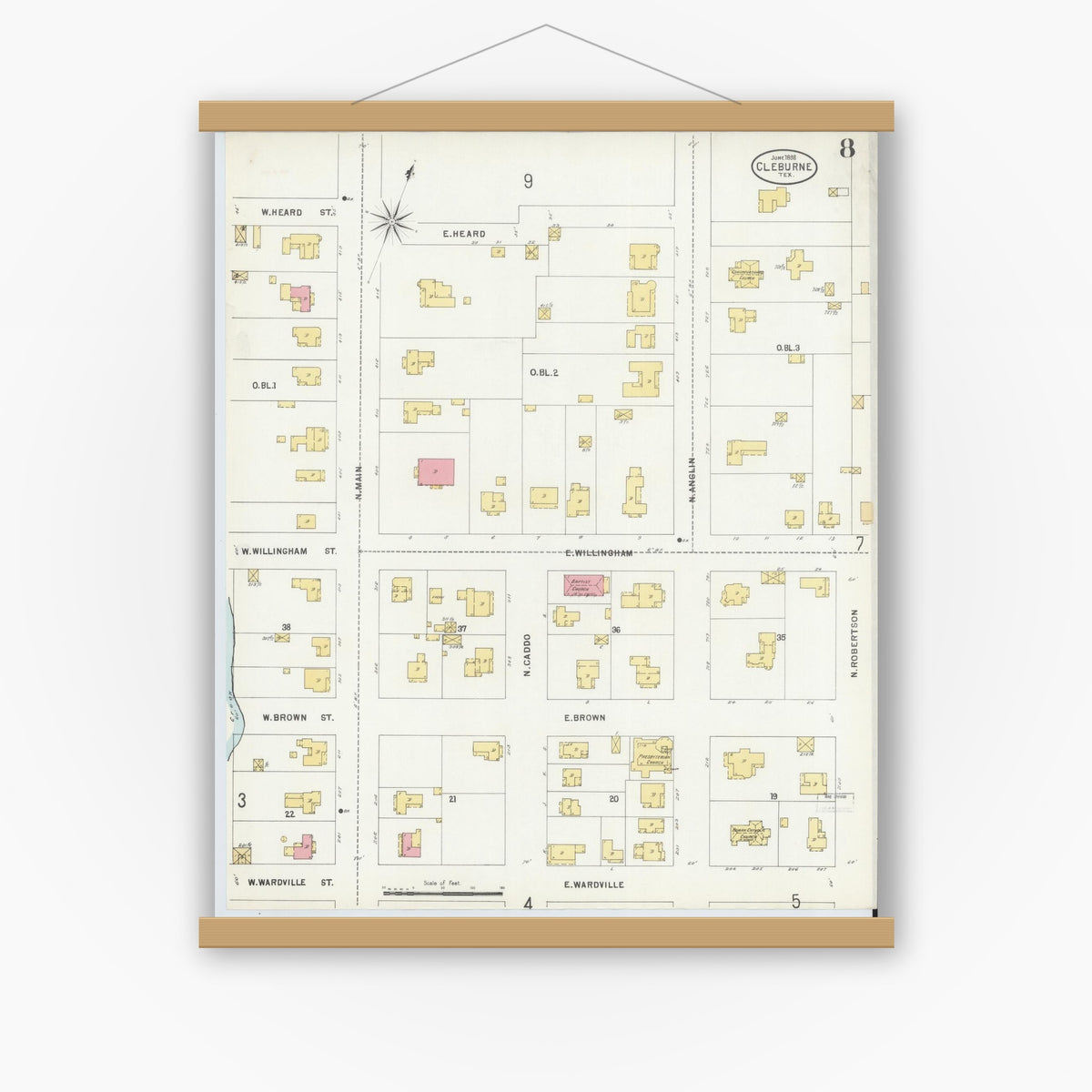 Old map wall art mockup — magnetic wood frame on white wall — Sanborn Fire Insurance Map from Cleburne, Johnson County, Texas (1898), Sheet #0008