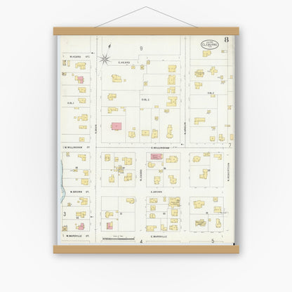 Old map wall art mockup — magnetic wood frame on white wall — Sanborn Fire Insurance Map from Cleburne, Johnson County, Texas (1898), Sheet #0008