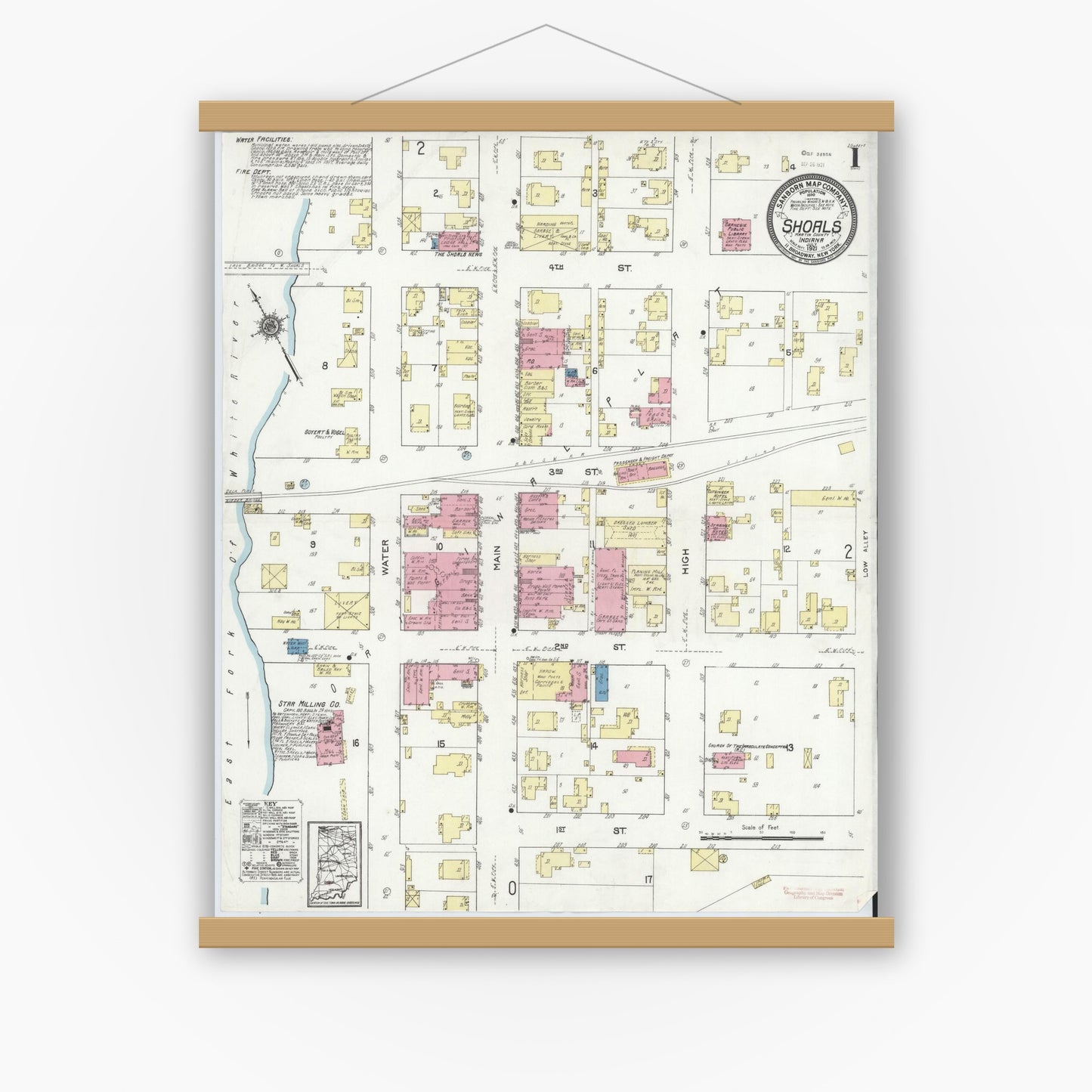 Old map wall art mockup — magnetic wood frame on white wall — Sanborn Fire Insurance Map from Shoals, Martin County, Indiana (1921) - Complete Map Set