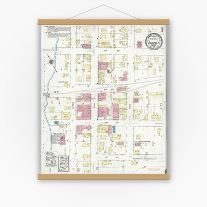 Old map wall art mockup — magnetic wood frame on white wall — Sanborn Fire Insurance Map from Shoals, Martin County, Indiana (1921) - Complete Map Set