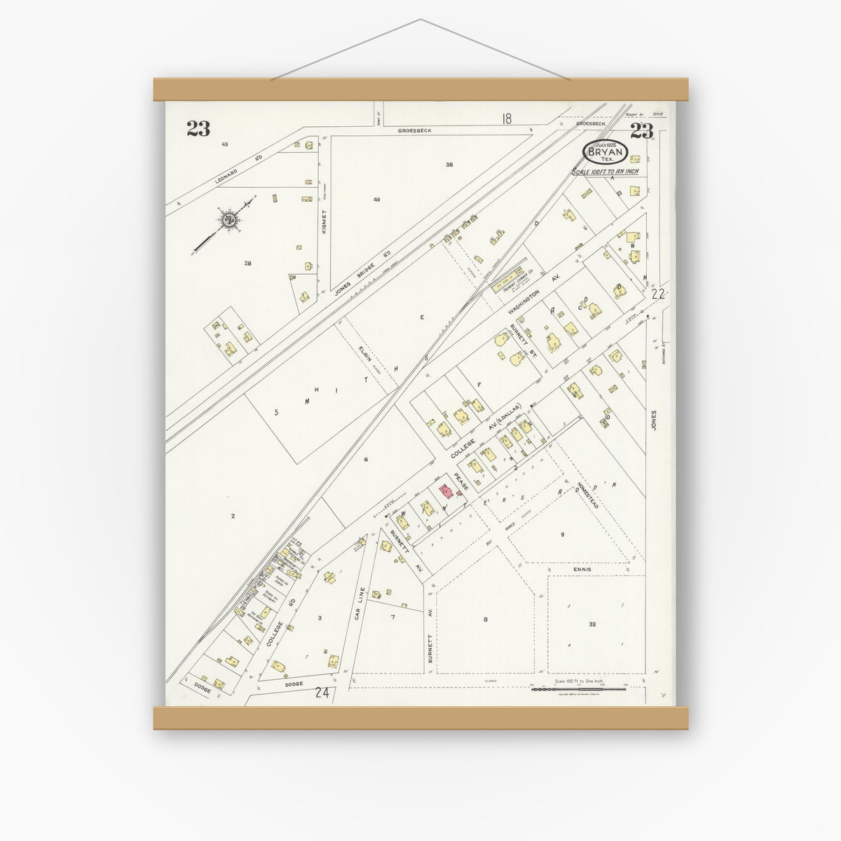Old map wall art mockup — magnetic wood frame on white wall — Sanborn Fire Insurance Map from Bryan, Brazos County, Texas (1925), Sheet #0023