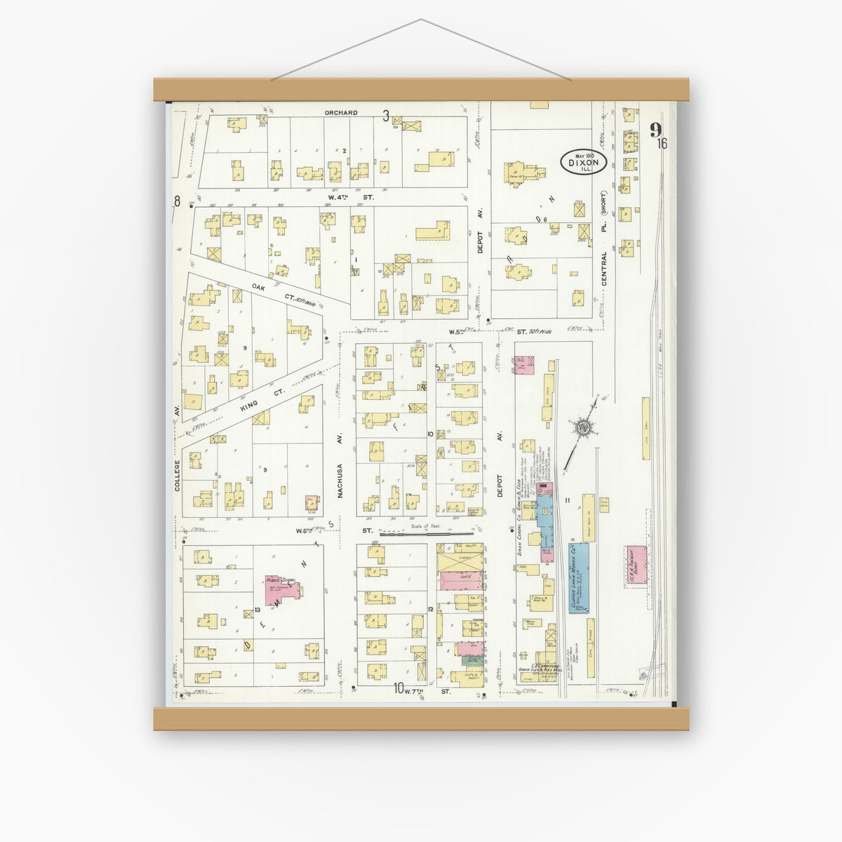 Old map wall art mockup — magnetic wood frame on white wall — Sanborn Fire Insurance Map from Dixon, Lee County, Illinois (1910), Sheet #0009
