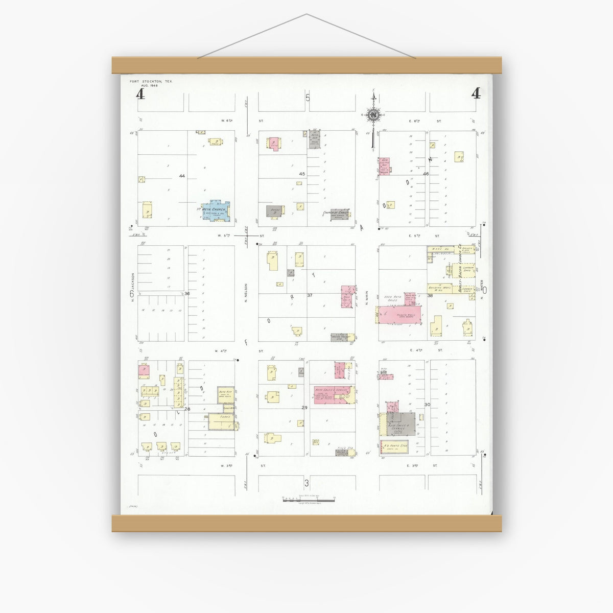 Old map wall art mockup — magnetic wood frame on white wall — Sanborn Fire Insurance Map from Fort Stockton, Pecos County, Texas (1946), Sheet #0004