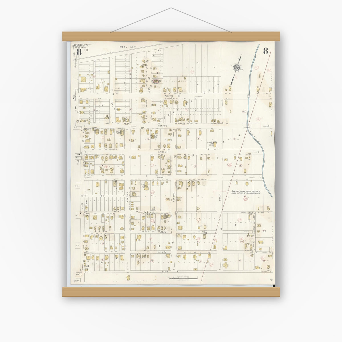Old map wall art mockup — magnetic wood frame on white wall — Sanborn Fire Insurance Map from Conroe, Montgomery County, Texas (1943), Sheet #0008