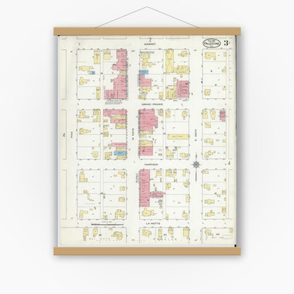 Old map wall art mockup — magnetic wood frame on white wall — Sanborn Fire Insurance Map from Palestine, Crawford County, Illinois (1916), Sheet #0003