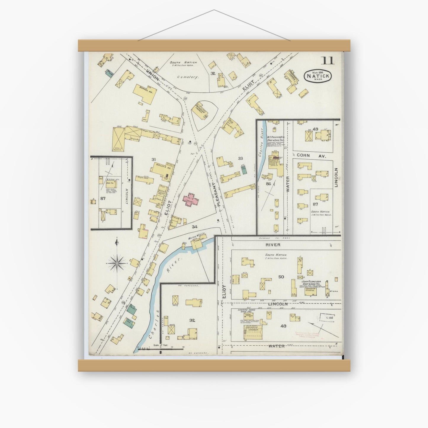 Old map wall art mockup — magnetic wood frame on white wall — Sanborn Fire Insurance Map from Natick, Middlesex County, Massachusetts (1894), Sheet #0011