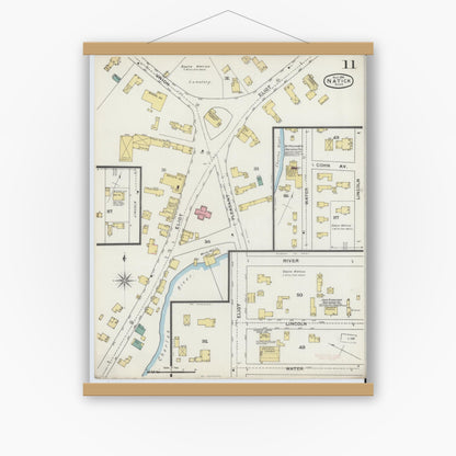 Old map wall art mockup — magnetic wood frame on white wall — Sanborn Fire Insurance Map from Natick, Middlesex County, Massachusetts (1894), Sheet #0011