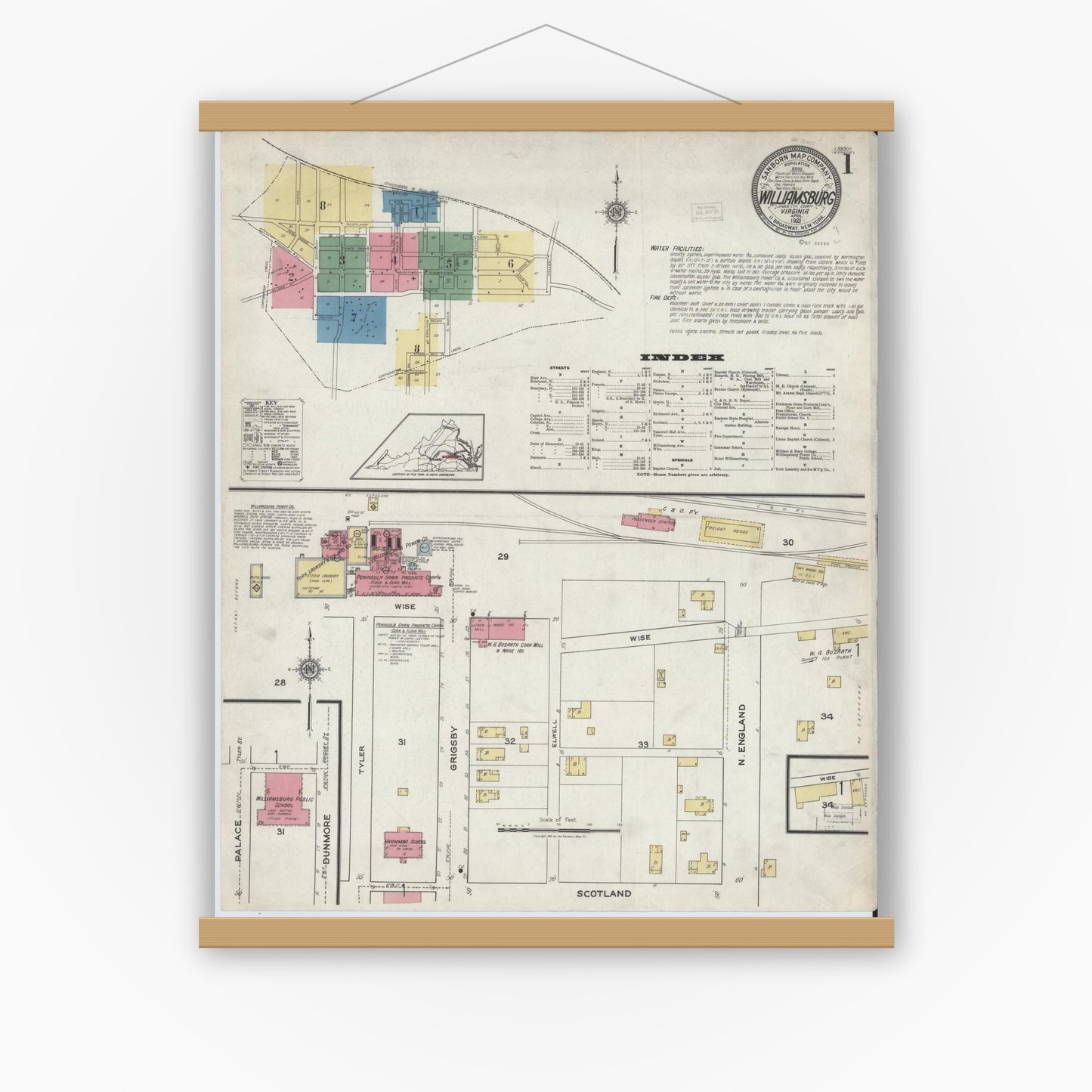 Old map wall art mockup — magnetic wood frame on white wall — Sanborn Fire Insurance Map from Williamsburg, Independent Cities, Virginia (1921) - Complete Map Set