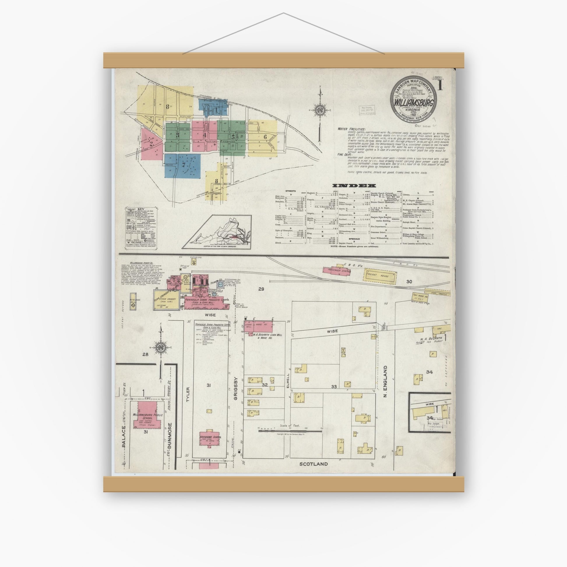 Old map wall art mockup — magnetic wood frame on white wall — Sanborn Fire Insurance Map from Williamsburg, Independent Cities, Virginia (1921) - Complete Map Set