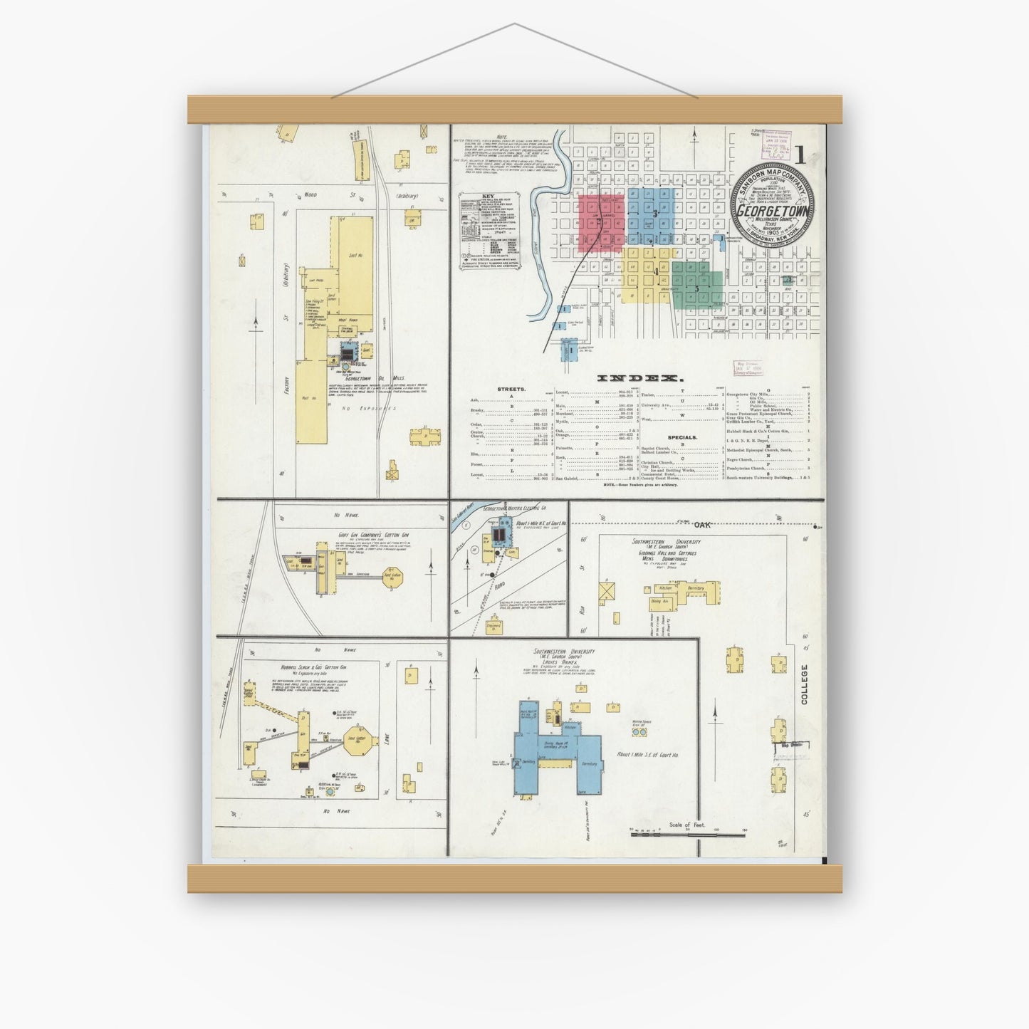 Old map wall art mockup — magnetic wood frame on white wall — Sanborn Fire Insurance Map from Georgetown, Williamson County, Texas (1905) - Complete Map Set