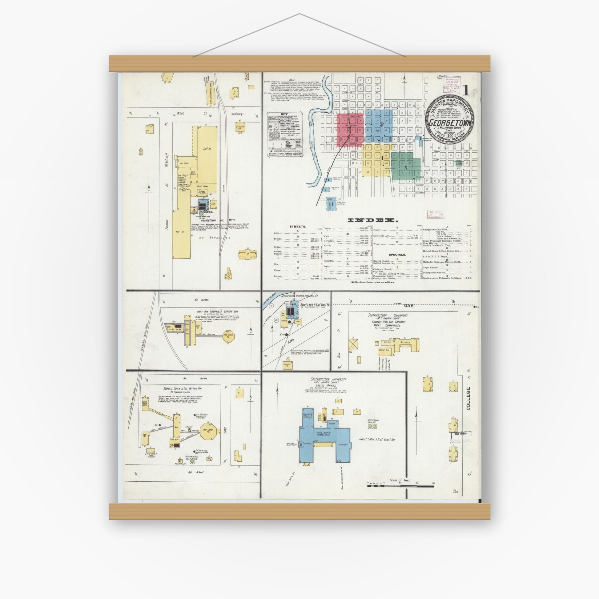 Old map wall art mockup — magnetic wood frame on white wall — Sanborn Fire Insurance Map from Georgetown, Williamson County, Texas (1905) - Complete Map Set