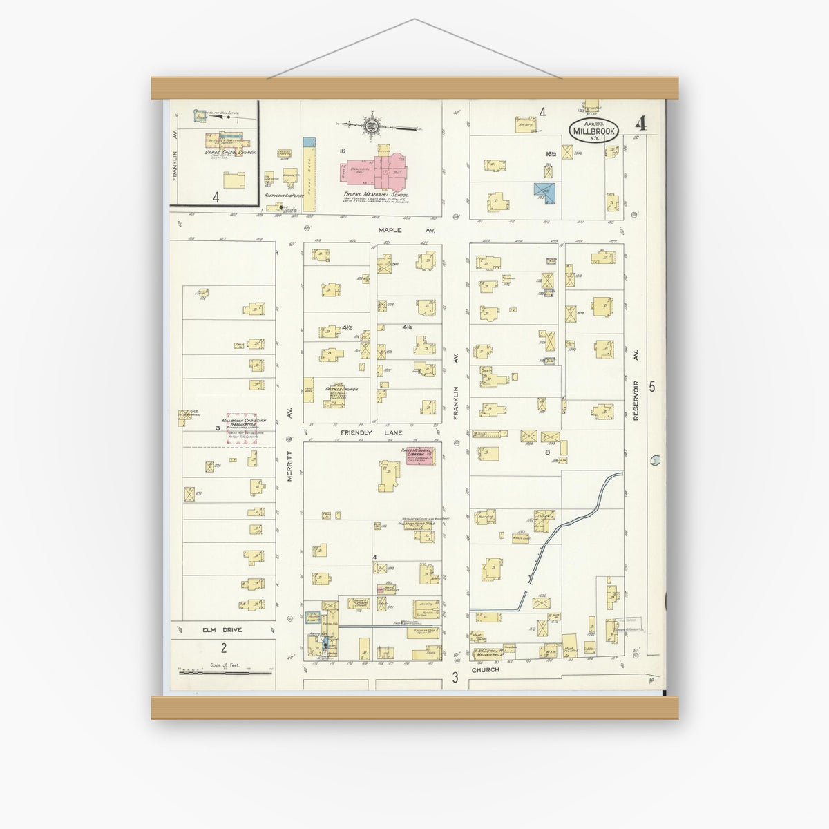 Old map wall art mockup — magnetic wood frame on white wall — Sanborn Fire Insurance Map from Millbrook, Dutchess County, New York (1913), Sheet #0004
