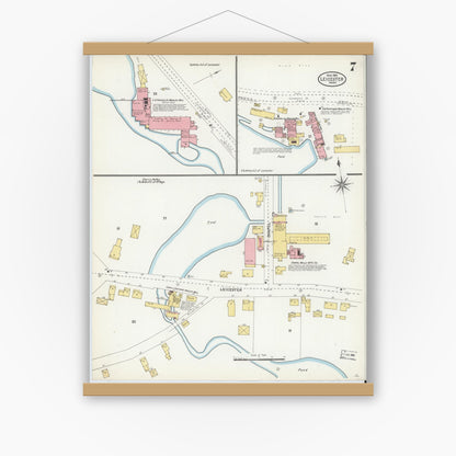 Old map wall art mockup — magnetic wood frame on white wall — Sanborn Fire Insurance Map from Leicester, Worcester County, Massachusetts (1904), Sheet #0007