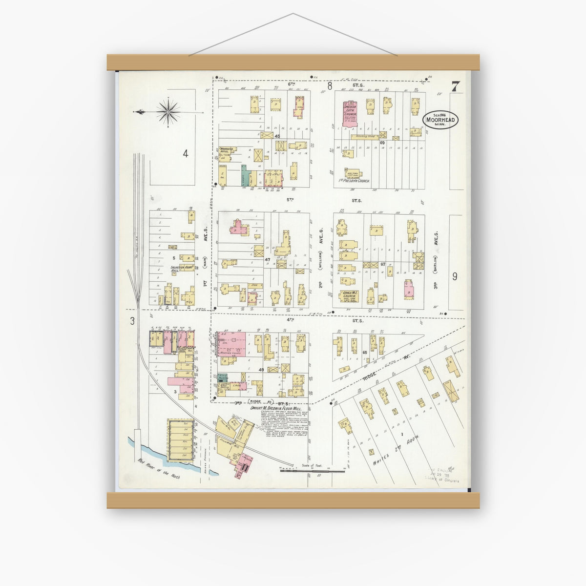 Old map wall art mockup — magnetic wood frame on white wall — Sanborn Fire Insurance Map from Moorhead, Clay County, Minnesota (1906), Sheet #0007