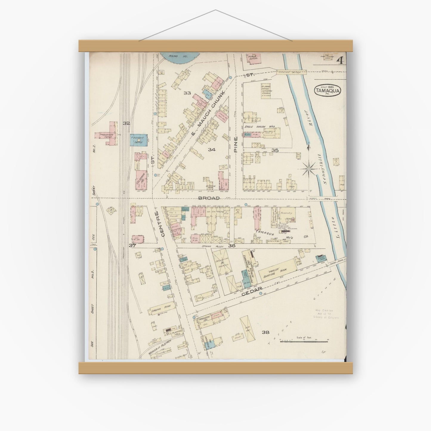 Old map wall art mockup — magnetic wood frame on white wall — Sanborn Fire Insurance Map from Tamaqua, Schuylkill County, Pennsylvania (1885), Sheet #0004