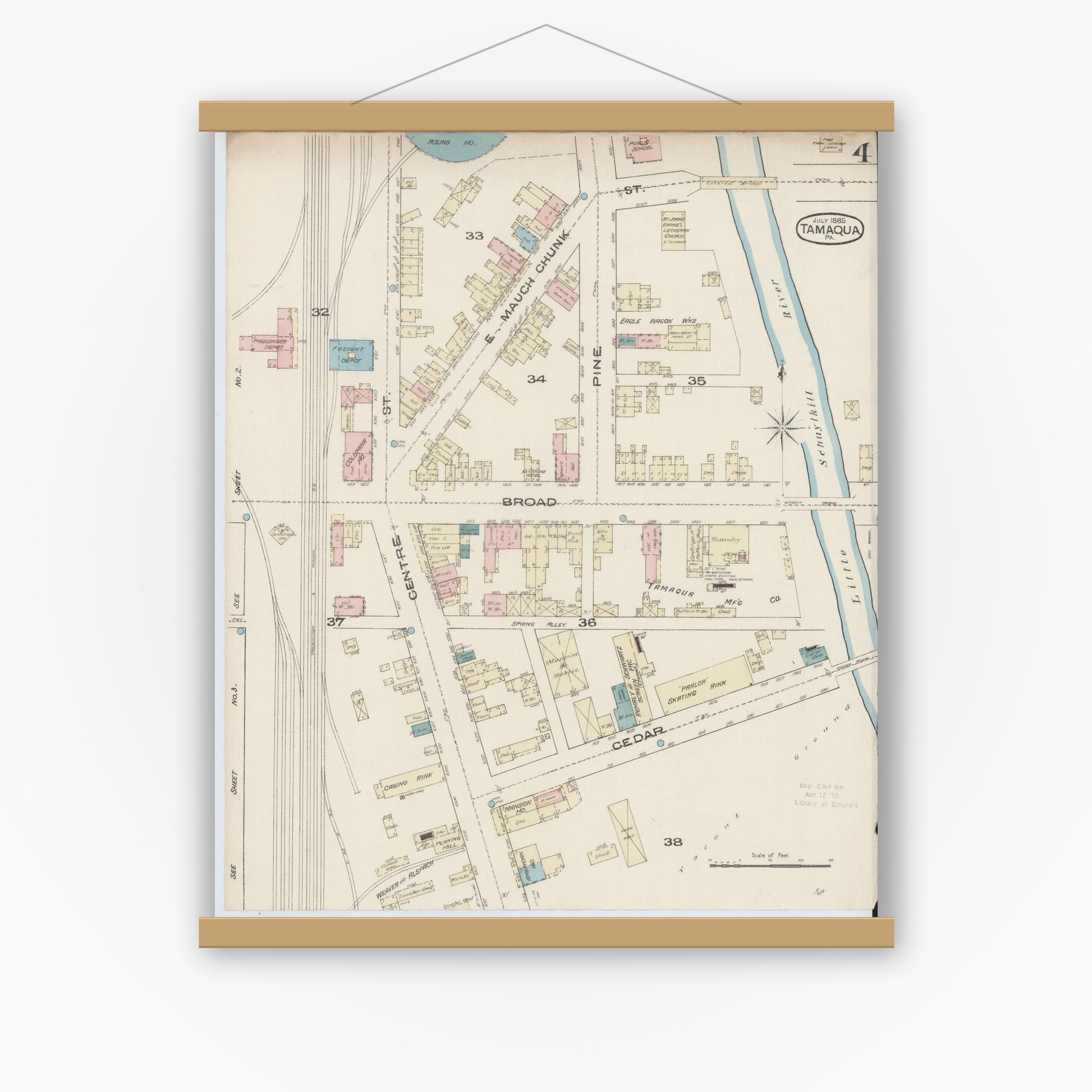 Old map wall art mockup — magnetic wood frame on white wall — Sanborn Fire Insurance Map from Tamaqua, Schuylkill County, Pennsylvania (1885), Sheet #0004