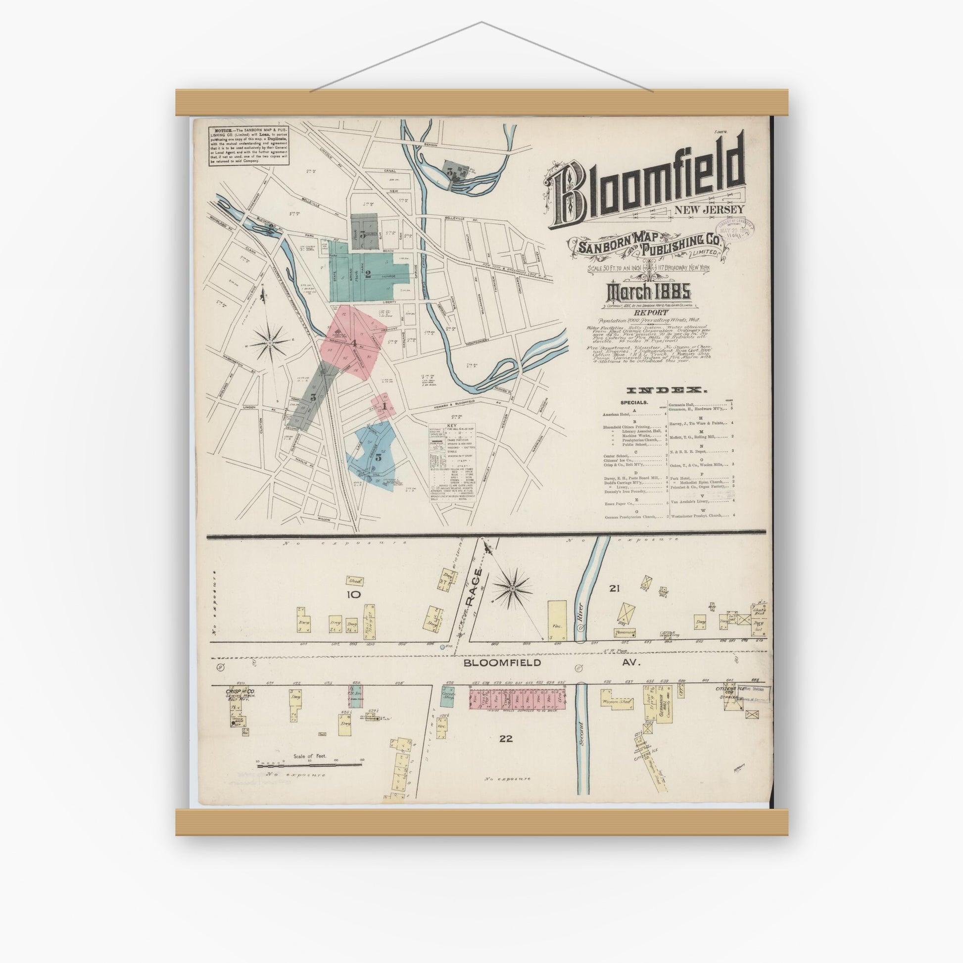 Old map wall art mockup — magnetic wood frame on white wall — Sanborn Fire Insurance Map from Bloomfield, Essex County, New Jersey (1885) - Complete Map Set