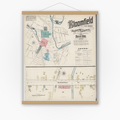 Old map wall art mockup — magnetic wood frame on white wall — Sanborn Fire Insurance Map from Bloomfield, Essex County, New Jersey (1885) - Complete Map Set