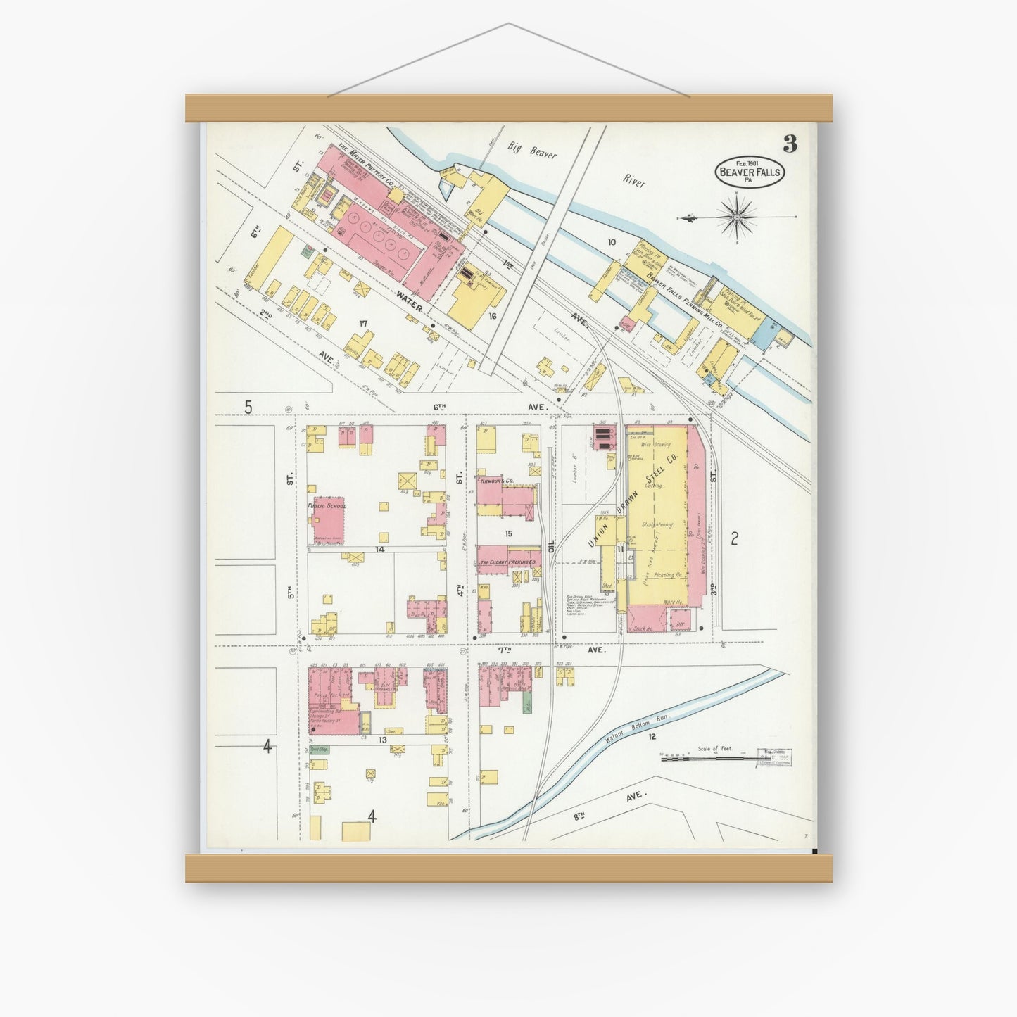 Old map wall art mockup — magnetic wood frame on white wall — Sanborn Fire Insurance Map from Beaver Falls, Beaver County, Pennsylvania (1901), Sheet #0003
