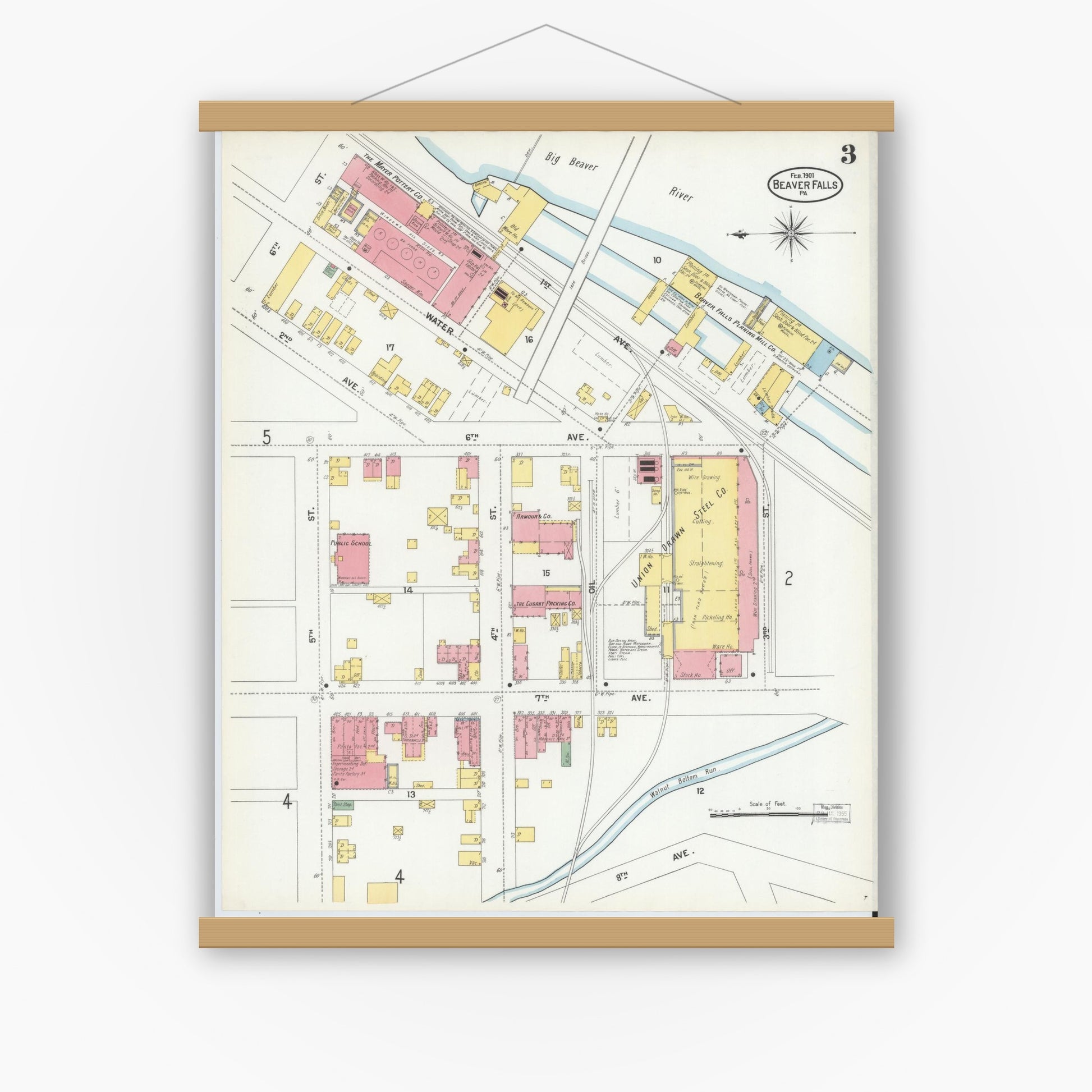 Old map wall art mockup — magnetic wood frame on white wall — Sanborn Fire Insurance Map from Beaver Falls, Beaver County, Pennsylvania (1901), Sheet #0003