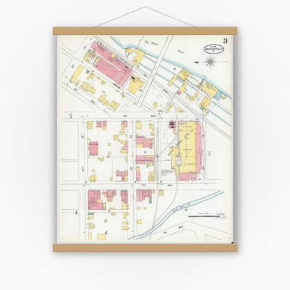 Old map wall art mockup — magnetic wood frame on white wall — Sanborn Fire Insurance Map from Beaver Falls, Beaver County, Pennsylvania (1901), Sheet #0003