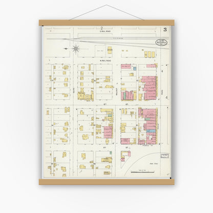 Old map wall art mockup — magnetic wood frame on white wall — Sanborn Fire Insurance Map from Rich Hill, Bates County, Missouri (1898), Sheet #0003