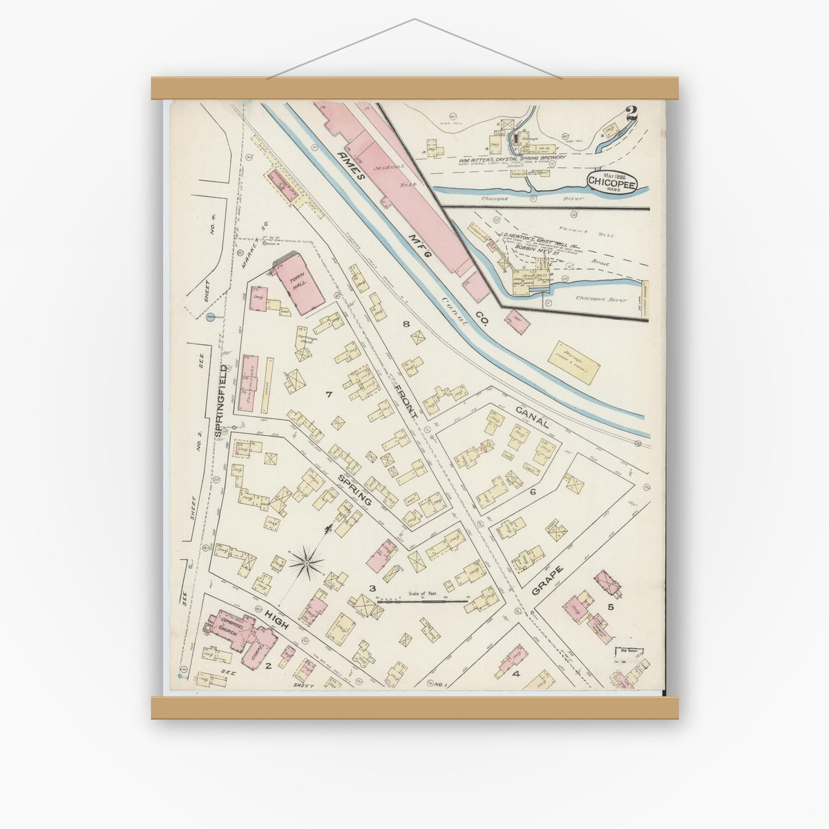 Old map wall art mockup — magnetic wood frame on white wall — Sanborn Fire Insurance Map from Chicopee, Hampden County, Massachusetts (1885) - Complete Map Set